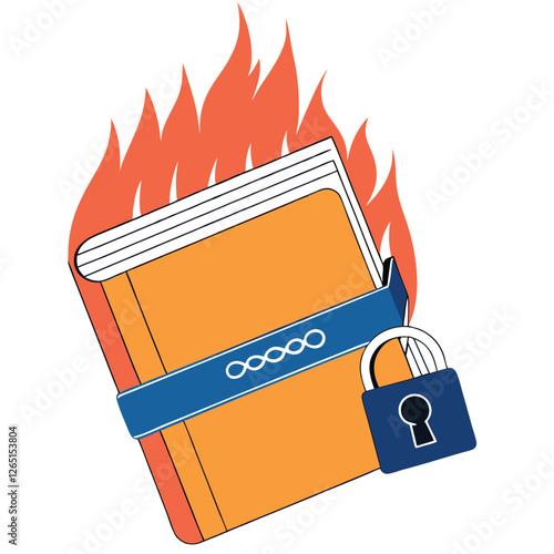 An illustrated book with flames and a padlock, symbolizing security and passion for knowledge. It represents a fusion of creativity and caution in a unique design.