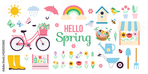 A colorful poster with a bicycle, umbrella, and other items that says "Hello Spring.". The poster is full of bright colors and has a cheerful, happy vibe