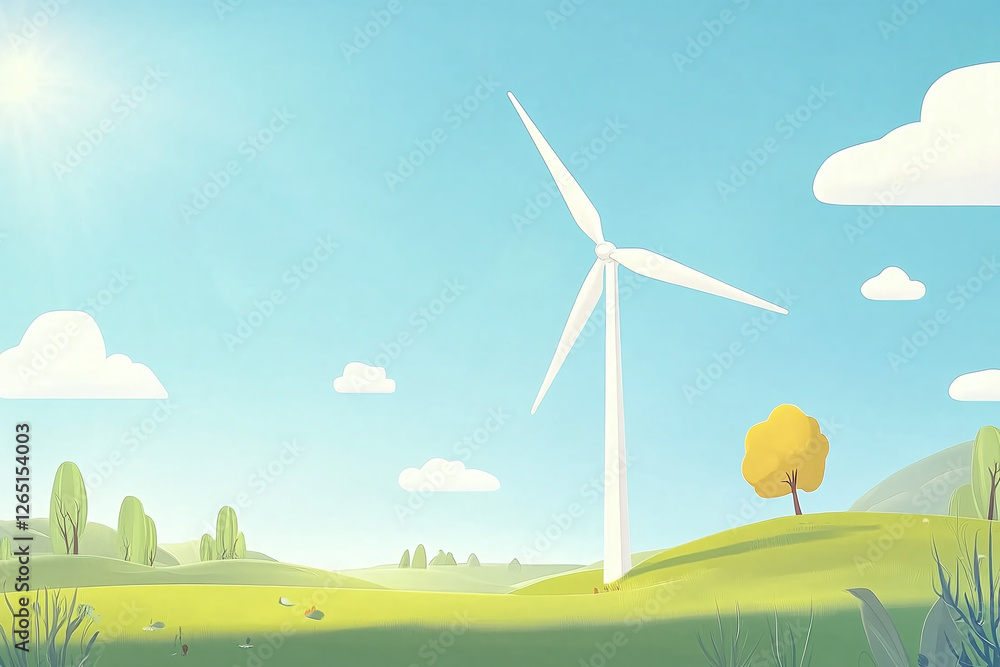 Fototapeta premium Wind turbines in sunny day illustration, renewable energy, green energy, wind power, solar energy, alternative energy, eco-friendly, earth-friendly