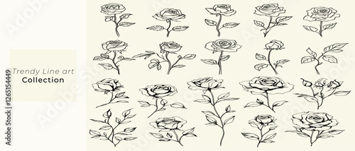 Minimalist black line art roses for wedding decor and branding, feminine botanical floral branch, trendy greenery, hand-drawn herbs for elegant stationery, wedding invitations, floral designs