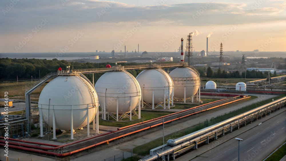 Aerial View of Industrial Gas Storage Tanks Surrounded by Greenery Aerial View of Industrial Gas Storage Tanks Surrounded by Greenery