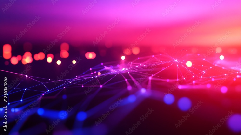Vibrant digital landscape with glowing nodes and connections against a colorful twilight sky Vibrant digital landscape with glowing nodes and connections against a colorful twilight sky