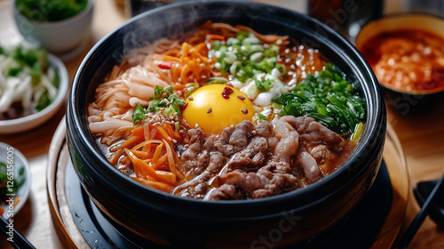 Traditional Chinese hot pot with noodles, beef, and egg, garnished with fresh vegetables, served during the Spring Festival feast. AI Generated Images photo