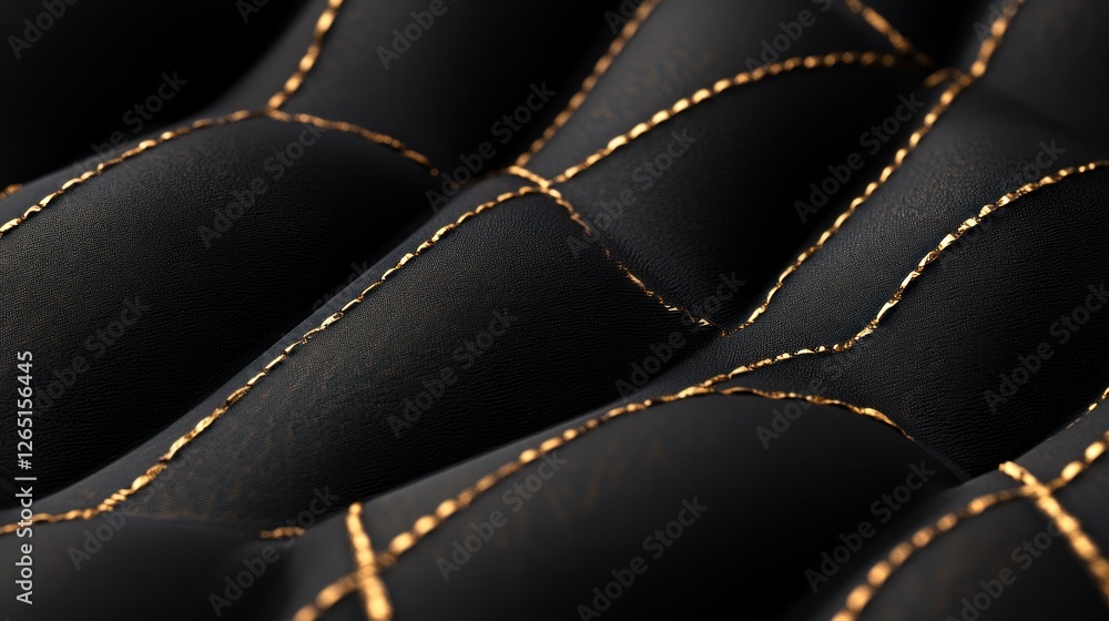 Naklejka premium Elegant Black Leather Texture with Golden Stitching Close-up Detail