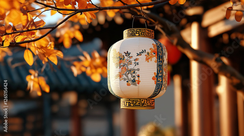 Chinese lantern with floral design hanging on a tree branch, surrounded by autumn leaves, in a serene cultural setting during the Spring Festival. AI Generated Images photo