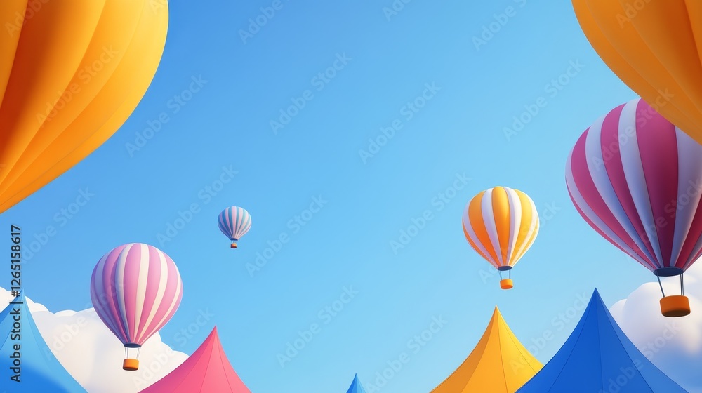 Fototapeta premium Colorful hot air balloons soaring above vibrant tents under a clear blue sky