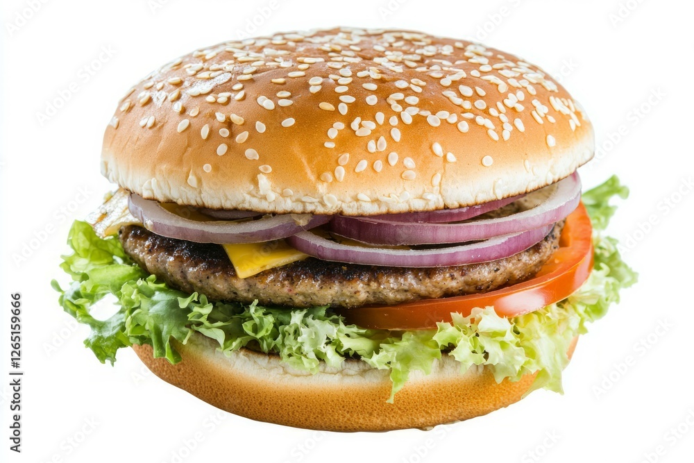 Delicious cheeseburger with fresh ingredients on white background. AI image Delicious cheeseburger with fresh ingredients on white background. AI image