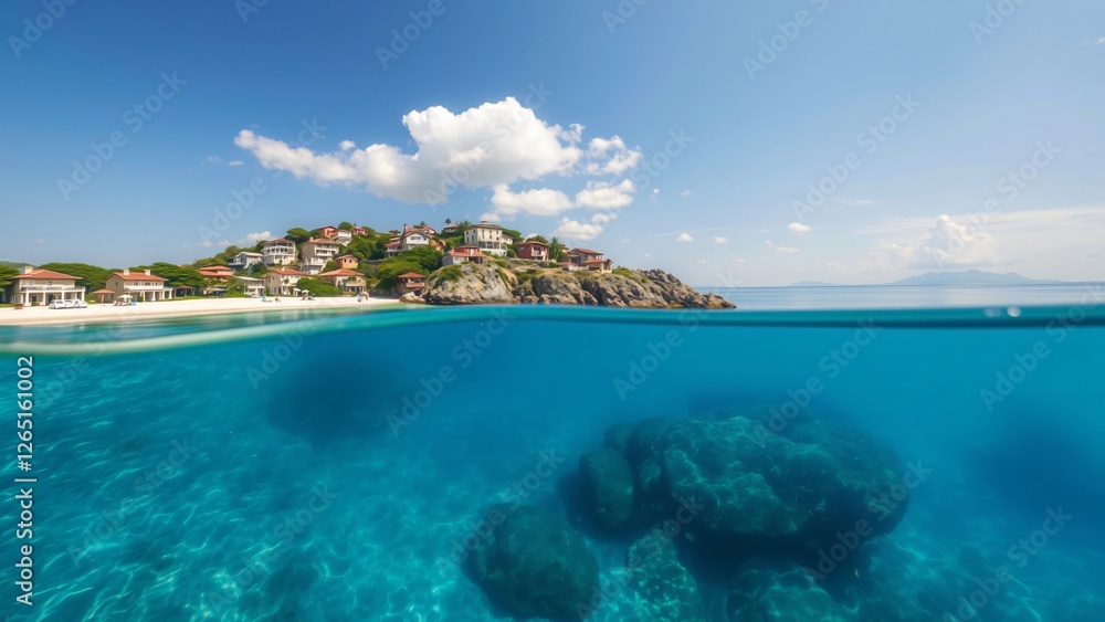 Coastal Town Seascape Above and Below the Surface of the Turquoise Sea Coastal Town Seascape Above and Below the Surface of the Turquoise Sea