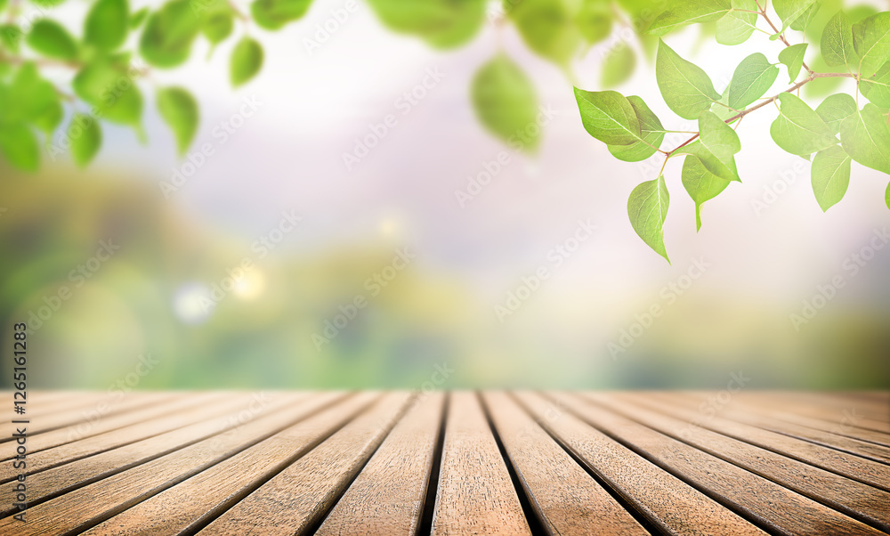 empty wooden table and tree leaves in sun rays, spring background empty wooden table and tree leaves in sun rays, spring background