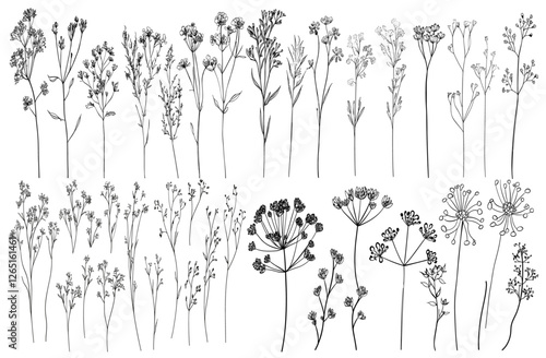 Feminine botanical wildflower collection with trendy greenery, perfect for rustic wedding logos, eco-conscious decor, boho-themed branding, and chic wedding stationery, wild meadow rue.