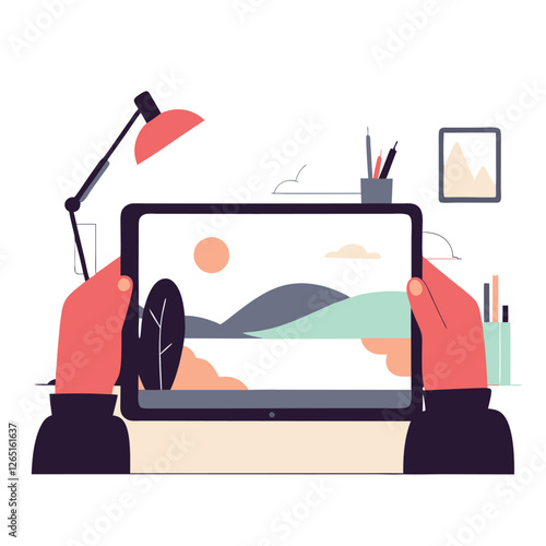 A cozy workspace featuring a desk, a computer, and plants in a colorful, stylish illustration. Ideal for creative inspiration.