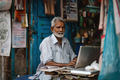 horizontal image of a mature indian man seated in his shop in front of a laptop