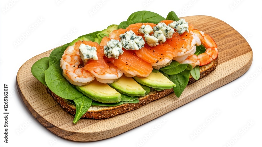 Smoked Salmon Avocado Blue Cheese Open Faced Sandwich on Wooden Board Smoked Salmon Avocado Blue Cheese Open Faced Sandwich on Wooden Board
