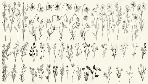 Feminine botanical floral branch, trendy greenery, wildflower collection, intricate black line art of wild harebells for wedding logos and vintage invitations, rustic decor, eco-conscious branding