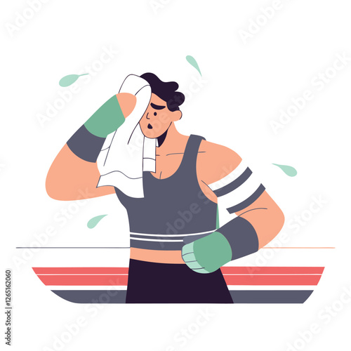 A muscular male with a light skin tone is drying his face with a towel after an intense workout. He wears a tank top and boxing gloves.