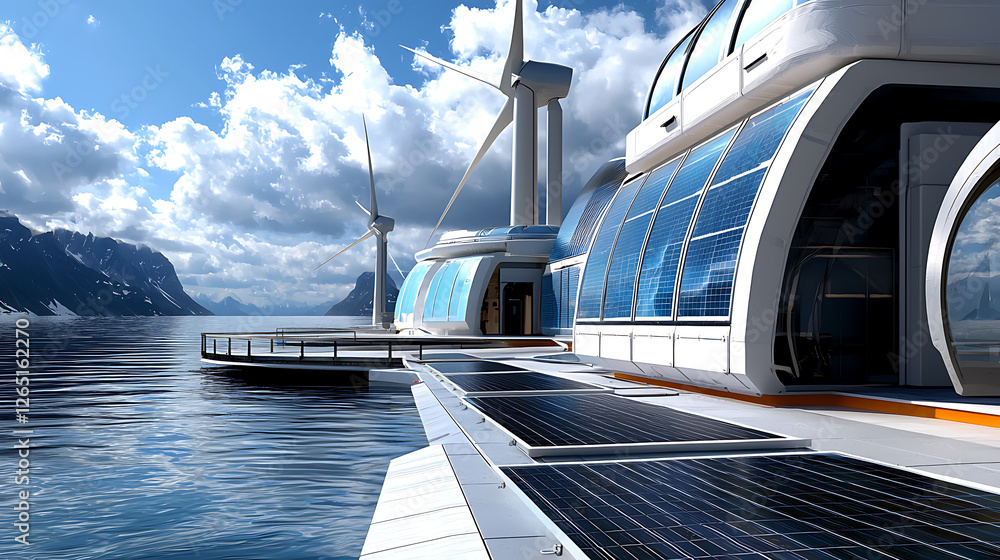 Fototapeta premium Innovative renewable energy facility coastal area digital rendering modern environment futuristic viewpoint