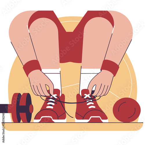 An illustration depicting a fitness enthusiast of diverse background tying shoelaces while preparing for a workout with weights nearby.