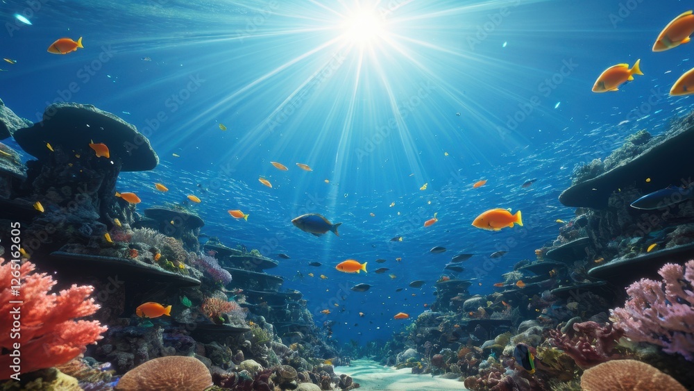 Naklejka premium A vibrant underwater scene teeming with colorful marine life