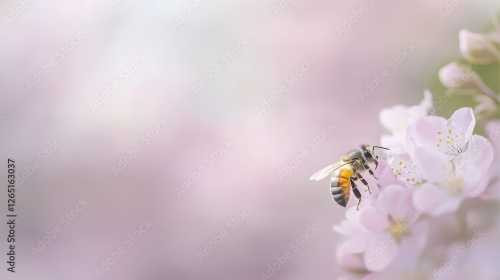Delicate Honeybee Gathering Nectar from Soft Pink Blossoms in a Serene Spring Garden Delicate Honeybee Gathering Nectar from Soft Pink Blossoms in a Serene Spring Garden