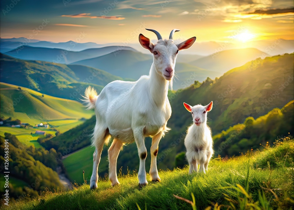 Panoramic White Goat and Kidling, Scenic Recreation Panoramic White Goat and Kidling, Scenic Recreation