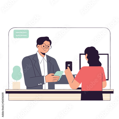 This illustration features a diverse business interaction. A man with light skin serves a woman with dark skin at a counter in a formal setting.