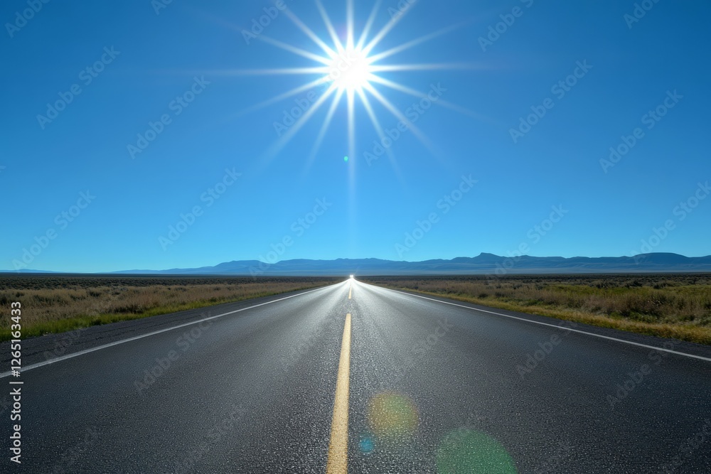 Fototapeta premium Endless road under bright sun in vast landscape. AI image