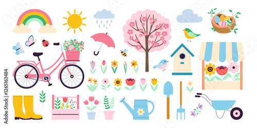 A colorful image of a garden with a bicycle, umbrella, and birdhouse. Scene is cheerful and playful