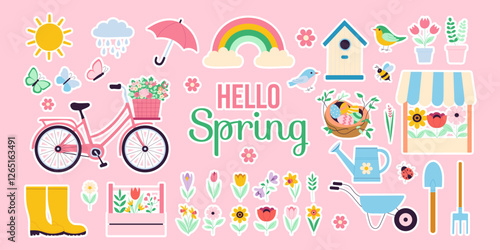 A colorful poster with various spring-themed images, including a bicycle, a birdhouse, and a bird. The poster reads 