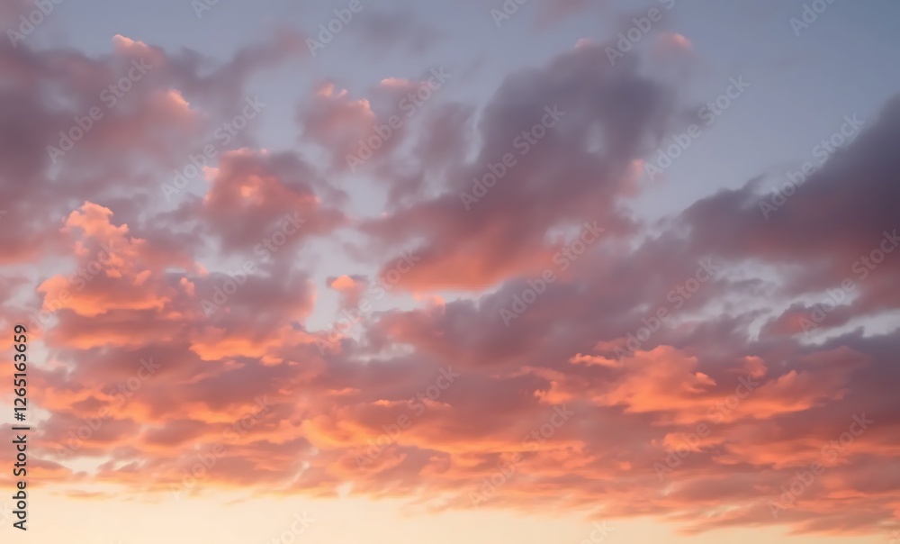 Fototapeta premium A dreamy cloudscape in soft pink, peach, and golden hues, blending seamlessly with warm sunset light, creating a serene and magical sky scene