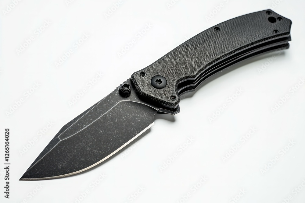 Fototapeta premium Black tactical knife on solid white background. AI image