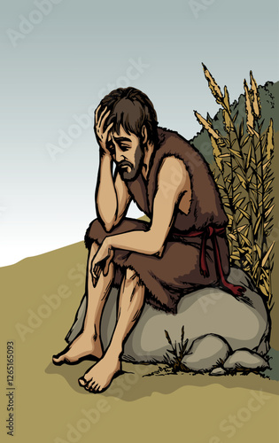 Vector drawing. A sad man and pigs
