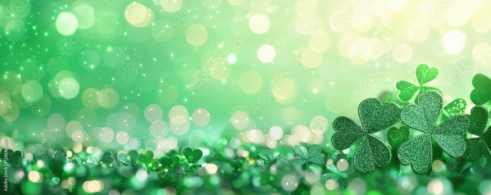 A vibrant green background with sparkling bokeh and lush clovers, evoking a festive and cheerful atmosphere. A vibrant green background with sparkling bokeh and lush clovers, evoking a festive and cheerful atmosphere.
