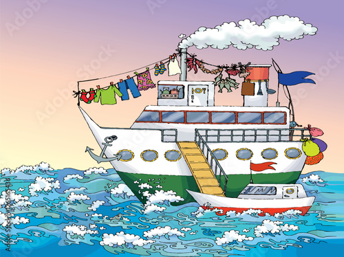 Pencil drawing. The gangway is lowered from the ship onto the boat.