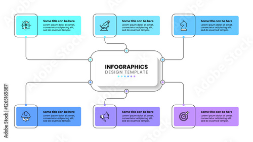 Infographic template. 6 rectangles connected to a title