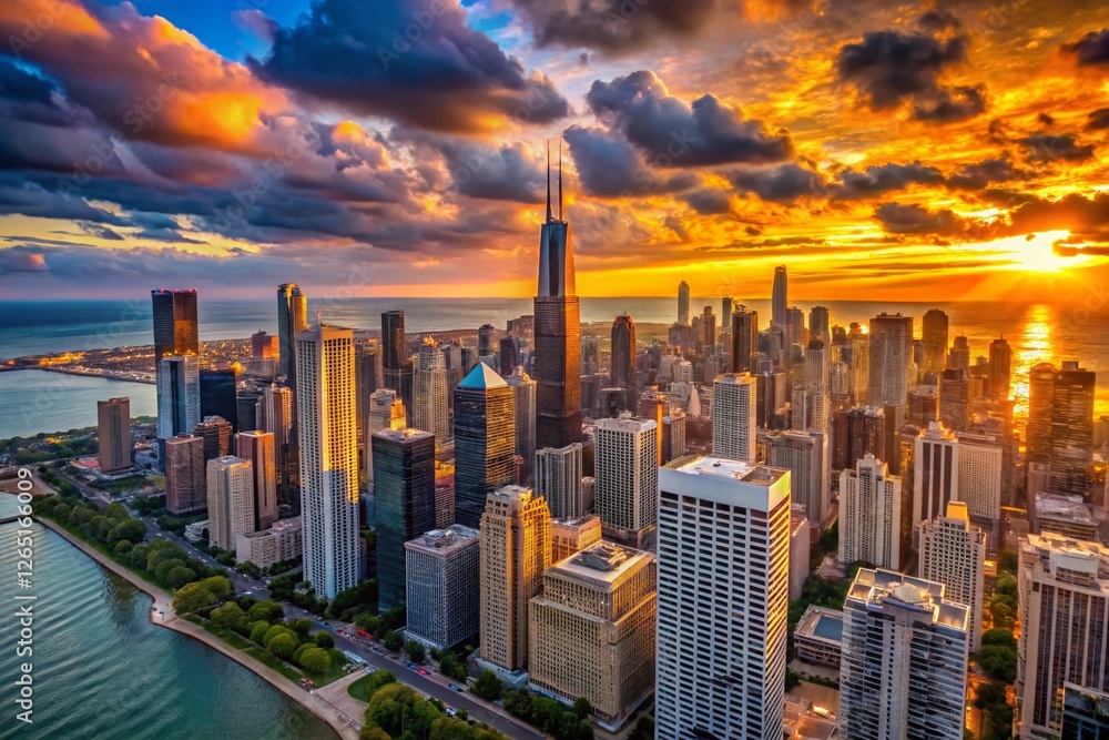 Obraz premium Stunning Aerial View of Chicago Skyline at Sunset, Drone Photography