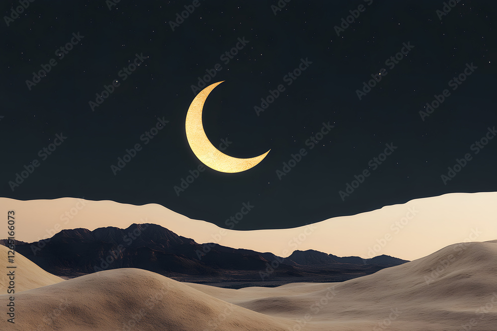Fototapeta premium Ramadan Kareem greeting. Islamic crescent moon and lantern. End of fasting. ramadan decorations, Eid al-Fitr. Breaking of holy fast day. Muslim holiday. Arab night sky. 