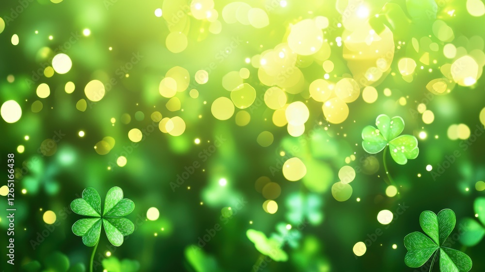 A vibrant, green background featuring clovers and shimmering light bokeh, evoking a fresh and lively atmosphere. A vibrant, green background featuring clovers and shimmering light bokeh, evoking a fresh and lively atmosphere.