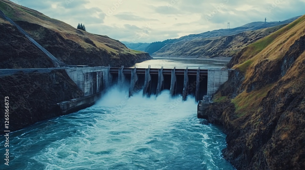 Panoramic view of Hydroelectric power station. Hydroelectricity concept. Panoramic view of Hydroelectric power station. Hydroelectricity concept.