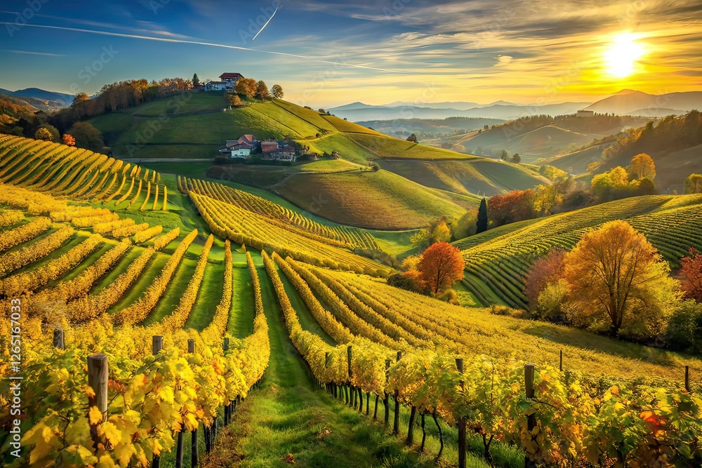Fototapeta premium Piedmont Italy Vineyards Green Yellow Autumn Scenic