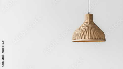 A lamp with a brown shade hangs from a light fixture