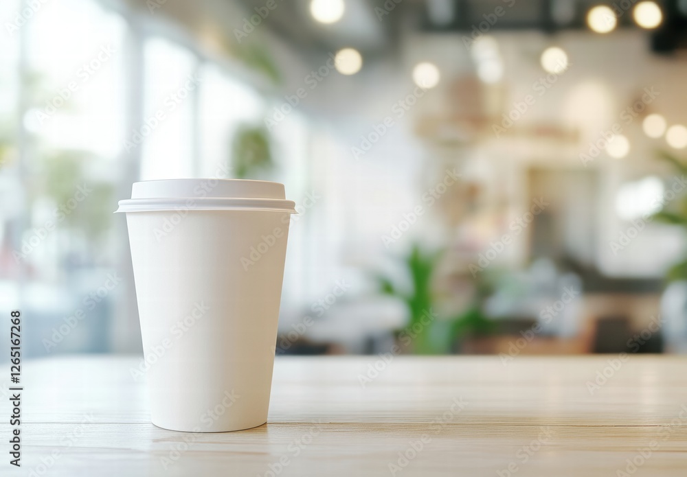 A white coffee cup sits on a wooden table in a cafe A white coffee cup sits on a wooden table in a cafe