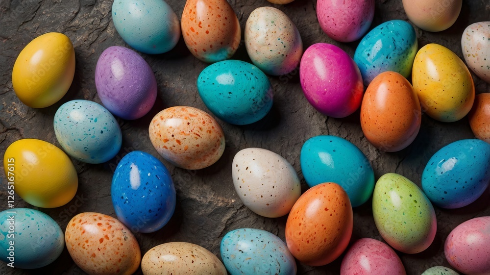 Close-up of Brightly Colored Easter Eggs on a Rustic Stone Surface Close-up of Brightly Colored Easter Eggs on a Rustic Stone Surface
