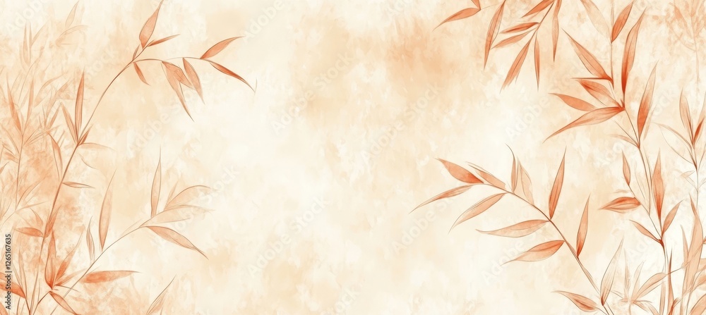 Fototapeta premium Elegant Watercolor Background, Orange Floral Pattern, Delicate Line Art With Stems and Leaves