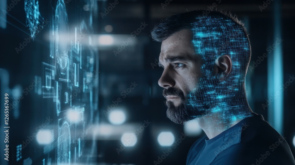 Fototapeta premium Man Analyzing Futuristic Data Interface with Augmented Reality Display