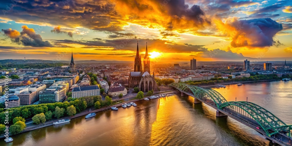 Fototapeta premium Stunning Drone Sunset Panorama over Cologne Skyline, Germany