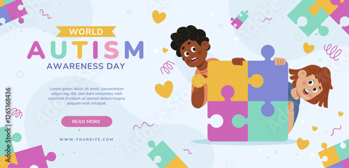 World autism awareness day banner featuring two kids holding a puzzle. Suitable for promoting inclusion and support for individuals with autism.