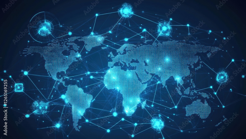 A blue and white image of the world with many lines connecting it A blue and white image of the world with many lines connecting it