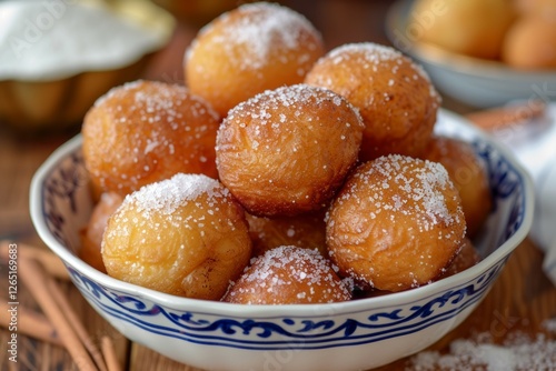 Wallpaper Mural Powdered sugar doughnuts on wooden table. AI image Torontodigital.ca