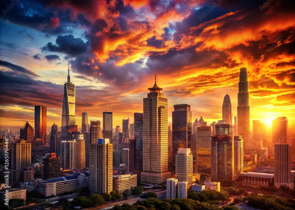 Obraz premium Stunning Sunset Cityscape Skyline Silhouette - High-Resolution Stock Photo