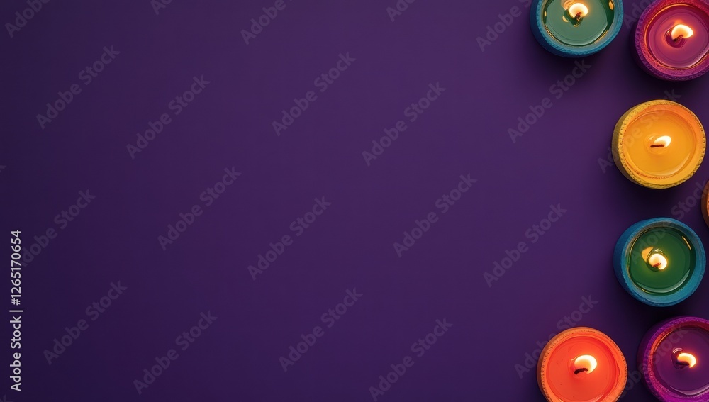 A purple background with a row of colorful candles A purple background with a row of colorful candles